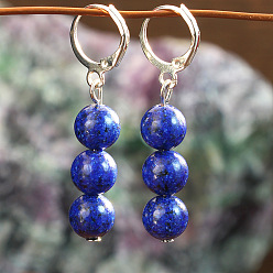 Ляпис-Лазурь Богемные круглые серьги-подвески из натурального лазурита с застежкой-крючком, с фурнитурой для сережек из сплава, платина, 45 мм