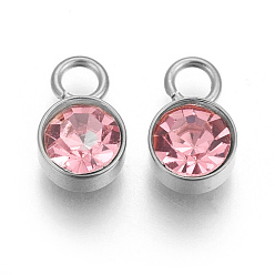 Light Rose Glass Rhinestone Charms, Birthstone Charms, with Stainless Steel Color Tone 201 Stainless Steel Findings, Flat Round, Light Rose, 10x6x5mm, Hole: 2mm