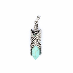 Synthetic Turquoise Synthetic Turquoise Pointed Pendants, Faceted Bullet Charms with Antique Silver Plated Brass Wings, 44x12mm