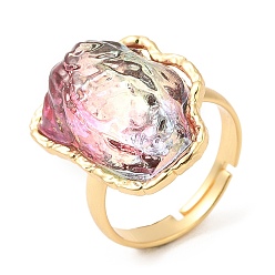 Pink Покрытие стойки латунное кольцо на палец, Регулируемые кольца из стекла в форме айсберга для женщин, долговечный, без кадмия и без свинца, реальный 18 k позолоченный, розовые, 1.5~3 мм, внутренний диаметр: 17.5~21 мм