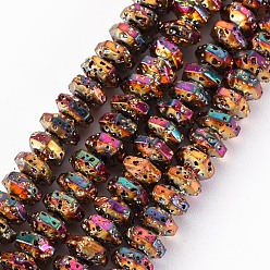 Colorful Electroplated Natural Lava Rock Beads Strands, Hexagon, Bumpy, Colorful, 6.5x7.5x4mm, Hole: 1.2mm, about 105pcs/strand, 15.94 inch(40.5cm)