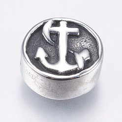 Antique Silver 304 Stainless Steel Beads, Flat Round with Helm and Anchor, Antique Silver, 10.5x4.5mm, Hole: 1.5mm