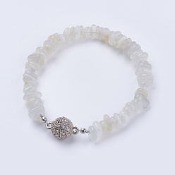 White Moonstone Natural White Moonstone Bracelets, with Alloy Rhinestone Magnetic Clasps, Nuggets, Platinum, 7-1/4 inch(185mm)