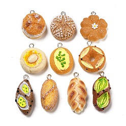 Mixed Color Imitation Food Opaque Resin Pendants, Bread Charms with Platinum Tone Iron Loops, Mixed Shapes, Mixed Color, 25~33x15~22x8~15mm, Hole: 2mm