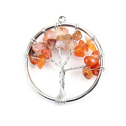 Red Agate Natural Red Agate Tree fo Life Pendants, Iron Ring Chip Gems Tree Charms, Platinum, 30mm