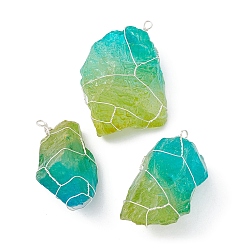 Lime Green Electroplated Raw Rough Natural Quartz Copper Wire Wrapped Big Pendants, Two Tone Nuggets Charms, Silver Plated Color, Lime Green, 42~59x27~37x17~24mm, Hole: 3mm