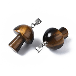 Tiger Eye Natural Tiger Eye Pendants, with Stainless Steel Snap On Bails, Mushroom Shaped, 24~25x16mm, Hole: 5x3mm