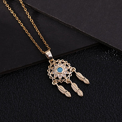 A Boho Fringe Dreamcatcher Pendant Necklace with CZ Stones, Gold Plated Sweater Chain Jewelry