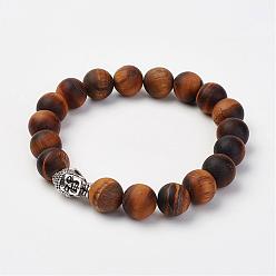 Tiger Eye Frosted Natural Tiger Eye Beads Stretch Bracelets, with Alloy Buddha Head Beads, Round, Burlap Packing, 2-1/8 inch(53mm)