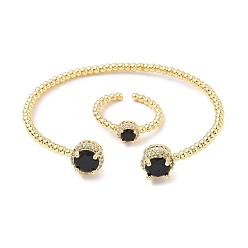 Черный Круглые латунные браслеты-манжеты и кольца с микропаве из кубического циркония для женщин, стойки покрытие, реальный 18 k позолоченный, чёрные, браслет: 3~10.5ширина мм, внутренний диаметр: 50x57 мм