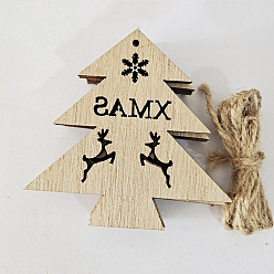 BurlyWood Unfinished Wood Pendant Decorations, Kids Painting Supplies,, Wall Decorations, with Jute Rope, Tree with Christmas Reindeer/Stag & Word XMAS, BurlyWood, 72x72mm, 10pcs/bag