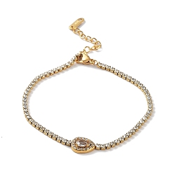 Teardrop Браслет с фианитами, с вакуумным покрытием PVD золотистого цвета 304 нержавеющая сталь стразы чашки цепи, слеза, 7-3/8 дюйм (18.6 см), Кулон : 11x8.5 мм