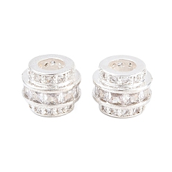 Серебро Латунь микропаве прозрачный кубический цирконий европейский бисер, колонка с большим отверстием бусина, долговечный, стойки покрытие, без свинца и без кадмия, серебряные, 10x8 мм, отверстие : 4 мм