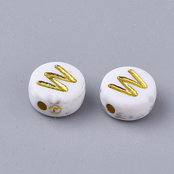 Letter W Plating Acrylic Beads, Golden Metal Enlaced, Horizontal Hole, Flat Round with Alphabet, White, Letter.W, 7x3.5mm, Hole: 1.2mm, about 3600pcs/500g