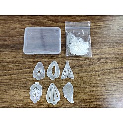 Linen 6 Styles Natural Capiz Shell Pendants, Wing & Fishtail & Petal with Star & Petal & Leaf, Linen, 34~35x21~22x1~1.5mm, Hole: 1.5~1.6mm, 2pcs/shape, 12pcs/box