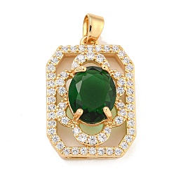 Green Brass Micro Pave Clear Cubic Zirconia Pendants, with Glass, Rectangle, Green, 22.5x15x8mm, Hole: 4x2.5mm
