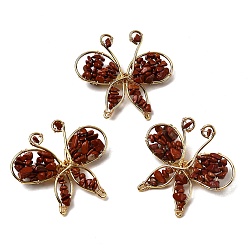 Красный Камень Брошь-бабочка из натуральной красной яшмы, латунные и железные булавки для одежды, золотые, 45~47x48~50 мм