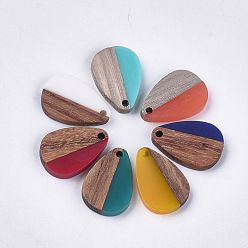 Mixed Color Resin & Walnut Wood Pendants, teardrop, Mixed Color, 21.5x14.5x3.5mm, Hole: 1.8mm