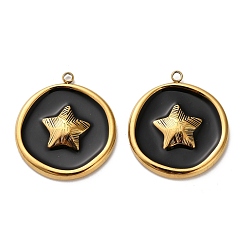 Черный 304 подвески из нержавеющей стали, плоские круглые со звездой, с эмалью, реальный 18 k позолоченный, ионное покрытие (ip), чёрные, 27x24x3 мм, отверстие : 1.8 мм