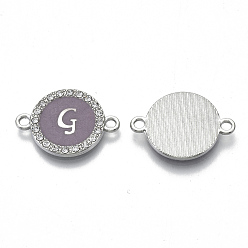 Letter G Alloy Enamel Links Connectors, with Crystal Rhinestones, Flat Round with Letter, Silver Color Plated, Letter.G, 22x16x2mm, Hole: 1.8mm