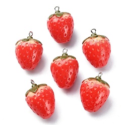 Red Opaque Resin Pendants, Strawberry Charms, Imitation Food, with Platinum Tone Iron Loops, Red, 28~29x20x20mm, Hole: 2mm