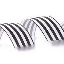 Black Polyester Satin Ribbon, Striped Pattern, Black, 1-1/2 inch(38mm), about 50yards/roll(45.72m/roll)