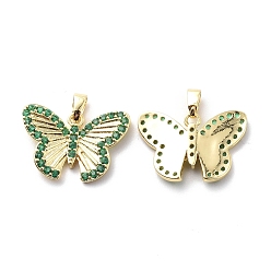Green Brass Cubic Zirconia Pendants, Butterfly Charm, Real 18K Gold Plated, Green, 15x21x3.5mm, Hole: 2.5x4.5mm