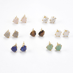 Mixed Stone Natural & Synthetic Gemstone Stud Earrings, with Golden Tone Brass Findings, Faceted Teardrop, 13.5~14x10.5mm, Pin: 0.8mm