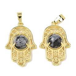 Снежный Обсидиан Естественно снежинка обсидиана подвески, латунные полые хамса ручные амулеты, стойки покрытие, без кадмия и без свинца, золотые, 33x22x6.5 мм, отверстие : 7.5x5 мм