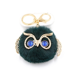 Prussian Blue Cute Pompom Fluffy Owl Pendant Keychain, with Alloy Findings, for Woman Handbag Car Key Backpack Pendants, Prussian Blue, 12x9cm