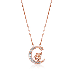 Mouse Chinese Zodiac Necklace Mouse Necklace 925 Sterling Silver Rose Gold Rat on the Moon Pendant Charm Necklace Zircon Moon and Star Necklace Cute Animal Jewelry Gifts for Women, Mouse, 15 inch(38cm)