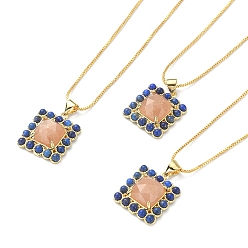 Sunstone Natural Sunstone & Lapis Lazuli Rectangle Pendant Necklace, Real 18K Gold Plated Brass Jewelry, 17.48~17.68 inch(44.4~44.9cm)