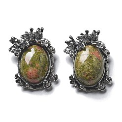 Унакит Природные подвески Unakite, овальные подвески с латунными листьями, античное серебро, без свинца и без кадмия, 28x21x9 мм, отверстие : 6.5x3 мм