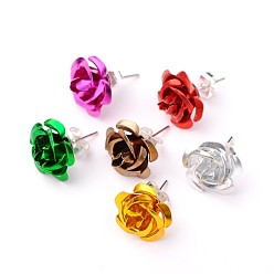 Mixed Color Stylish Aluminum Iron Rose Flower Stud Earrings, Platinum, Mixed Color, 11mm, Pin:0.8mm