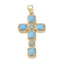 Deep Sky Blue Brass Micro Pave Cubic Zirconia Pendants, Cross Charms, Long-Lasting Plated, Rack Plating, Lead Free & Cadmium Free, Real 18K Gold Plated, Deep Sky Blue, 31x18x4mm, Hole: 5x3mm
