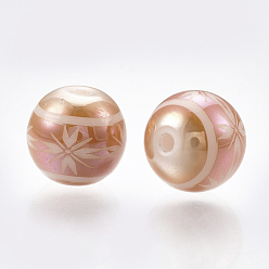 Dark Salmon Electroplate Glass Beads, Round with Flower Pattern, Dark Salmon, 8mm, Hole: 1mm, 300pcs/bag