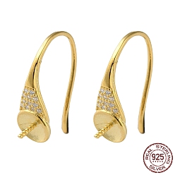 Real 18K Gold Plated 925 Sterling Silver Dangle Earring Hooks, with Clear Cubic Zirconia, Ear Wire with Pinch Bails, for Half Drilled Beads, with S925 Stamp, Real 18K Gold Plated, 21 Gauge, 16x5.5mm, Pin: 0.7mm and 0.8mm