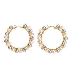 Colorful 304 Stainless Steel Hoop Earrings, Hypoallergenic Earrings, with Round Shell Pearl Beads, Ring Shape, Golden, Colorful, 60~61x64~65x8mm, Pin: 0.6x1mm