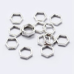 Silver 925 Sterling Silver Bead Frames, Hexagon, Silver, 7.5x8.5x2mm, Hole: 0.8mm, Inner: 6x7mm