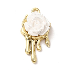 Golden Opaque Resin Pendants, White Rose Charms, with Alloy Findings, Golden, 24.5x13x8.5mm, Hole: 1.6mm