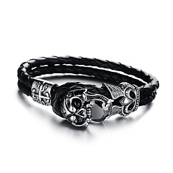 Black Cowhide Leather Double Layer Multi-strand Bracelet, Gothic Bracelet with Cubic Zirconia Skull Clasp for Men, Black, 7-7/8 inch(20cm)