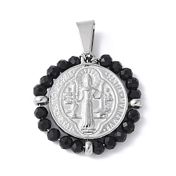 Черный 304 подвески из нержавеющей стали, со стеклянными бусинами, плоский круглый с шалфеем, цвет нержавеющей стали, чёрные, 27.5x28x3.5 мм, отверстие : 8x4 мм