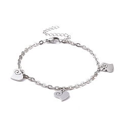 Stainless Steel Color 304 Stainless Steel Heart Charm Bracelet with Cable Chains for Valentine's Day, Stainless Steel Color, 7-1/8 inch(18cm)