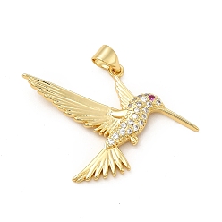 Clear Rack Plating Brass Micro Pave Cubic Zirconia Pendants, Cadmium Free & Lead Free, Real 18K Gold Plated, Hummingbird Charm, Clear, 34x25x3mm, Hole: 3.5x5mm