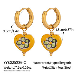 Желтый Серьги-кольца из нержавеющей стали и керамики в форме сердца, реальный 18 k позолоченный, желтые, 35x15 мм