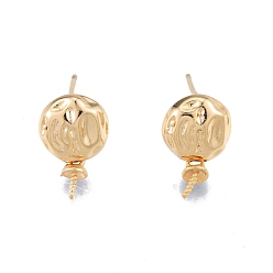 Real 18K Gold Plated Brass Stud Earring Findings, for Half Drilled Beads, Flat Round, Real 18K Gold Plated, 14x8.8mm, Pin: 0.7mm