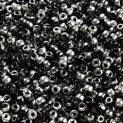 Black Metallic Colors Glass Seed Beads, Half Plated, Two Tone, Round, Black, 6/0, 4x3mm, Hole: 1.4mm