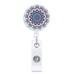 Light Blue ABS Plastic Retractable Badge Reels, Card Holders, with Platinum Clips, ID Badge Holder for Nurses, Flat Round with Mandala Pattern, Light Blue, 85mm