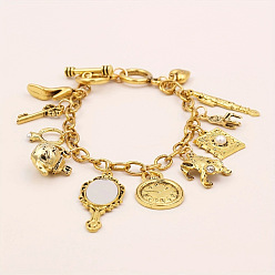 Oro Antiguo Pulseras vintage de aleación con múltiples dijes de cuento de hadas para mujer, con diamantes de imitación y perla de plástico, blanco, oro antiguo, 9.25 pulgada (23.5 cm)