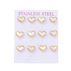Golden PVD Vacuum Plating Heart 304 Stainless Steel Shell Stud Earrings, with Ear Nut, Golden, 9x11mm, Pin: 0.8mm, 6 pairs/card